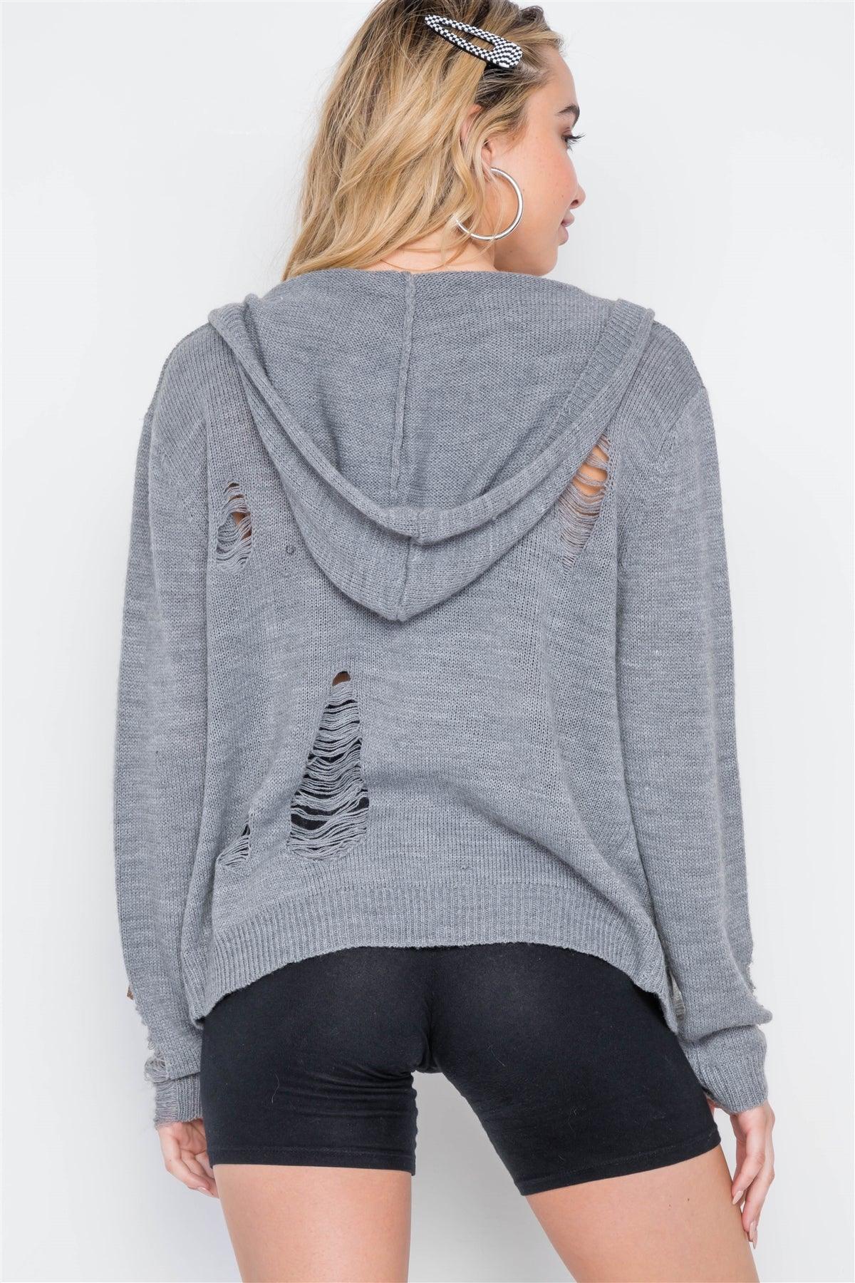 Charcoal Knit Distressed Hooded Button-Front Sweater /2-2-2