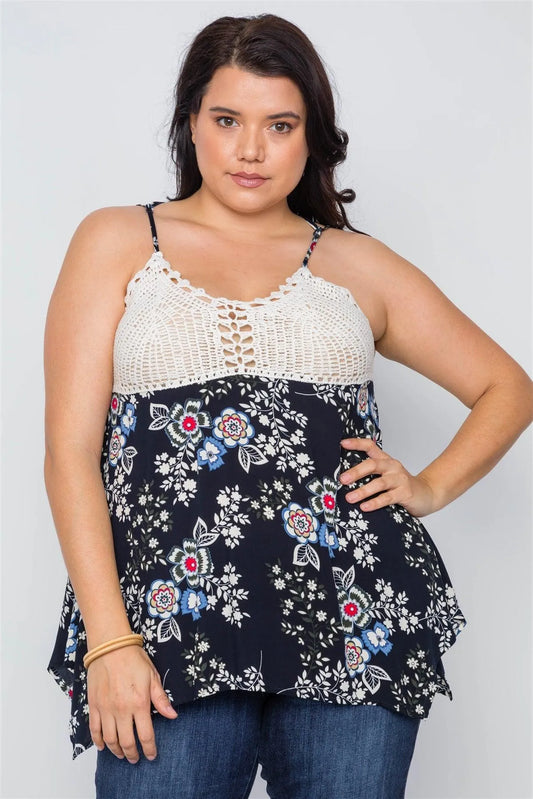 Plus Size Navy Floral Crochet Combo Boho Top /2-2-2 - Tasha Apparel Wholesale