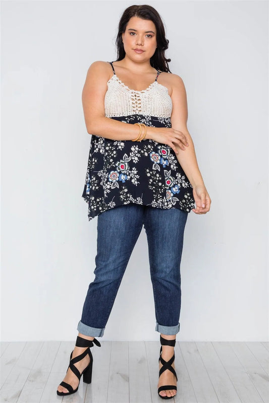 Plus Size Navy Floral Crochet Combo Boho Top /3-2-2 - Tasha Apparel Wholesale