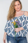 Plus Size White Multi Blue Open Shoulders Lace Up Top / 2-2-2 - Tasha Apparel Wholesale