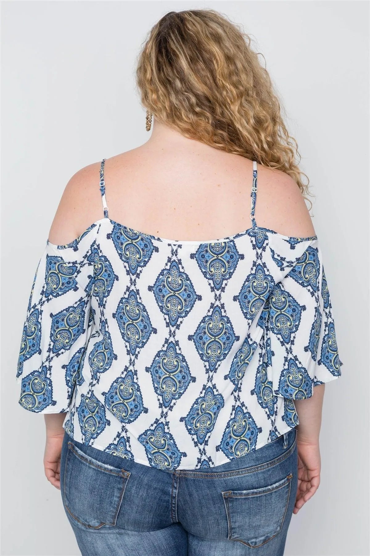 Plus Size White Multi Blue Open Shoulders Lace Up Top / 2-2-2 - Tasha Apparel Wholesale