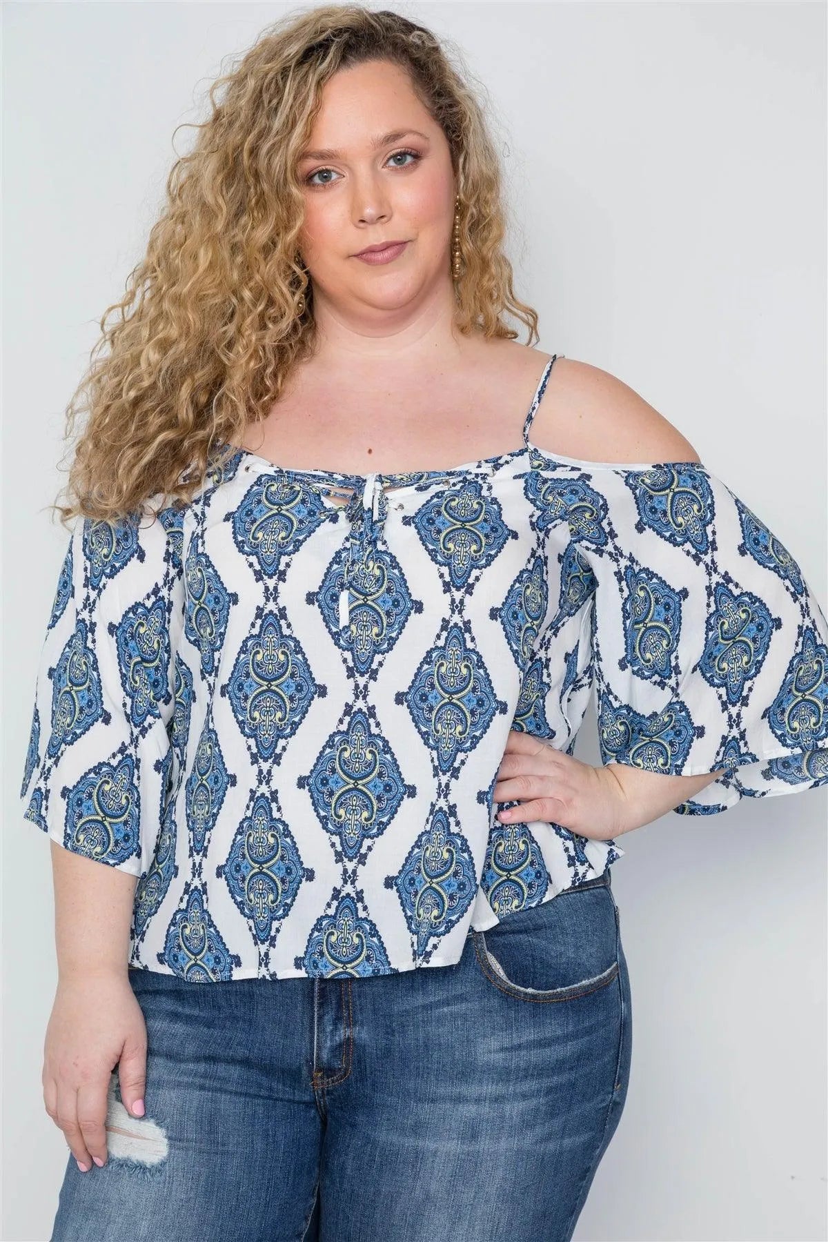 Plus Size White Multi Blue Open Shoulders Lace Up Top / 2-2-2 - Tasha Apparel Wholesale