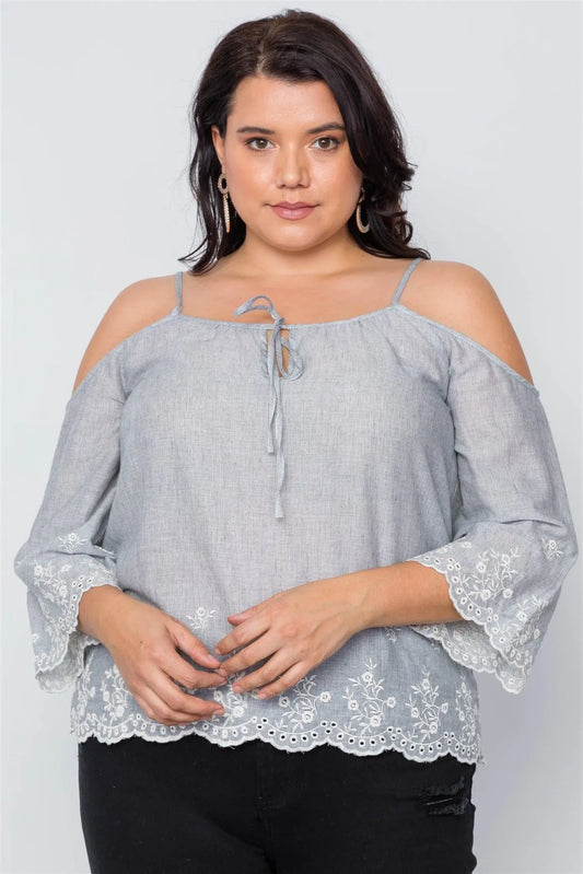 Plus Size Denim Grey Cold Shoulder Floral Embroidery Top /2-2-2 - Tasha Apparel Wholesale