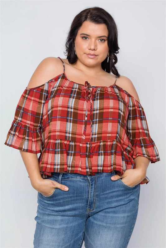 Plus Size Burgundy Rust Plaid Print Cold Shoulder Top /2-2-2 - Tasha Apparel Wholesale