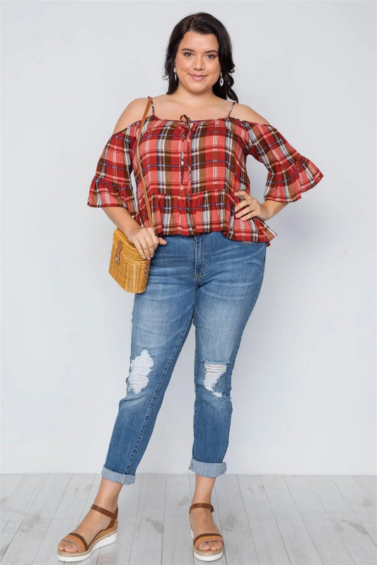 Plus Size Burgundy Rust Plaid Print Cold Shoulder Top /2-3-3 - Tasha Apparel Wholesale