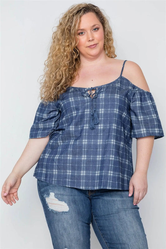 Junior Plus Size Navy Plaid Cold Shoulder Tassel Top / 2-2-2 - Tasha Apparel Wholesale