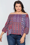 Plus Size Burgundy Off-The-Shoulder Multi Print Top /2-2-2 - Tasha Apparel Wholesale