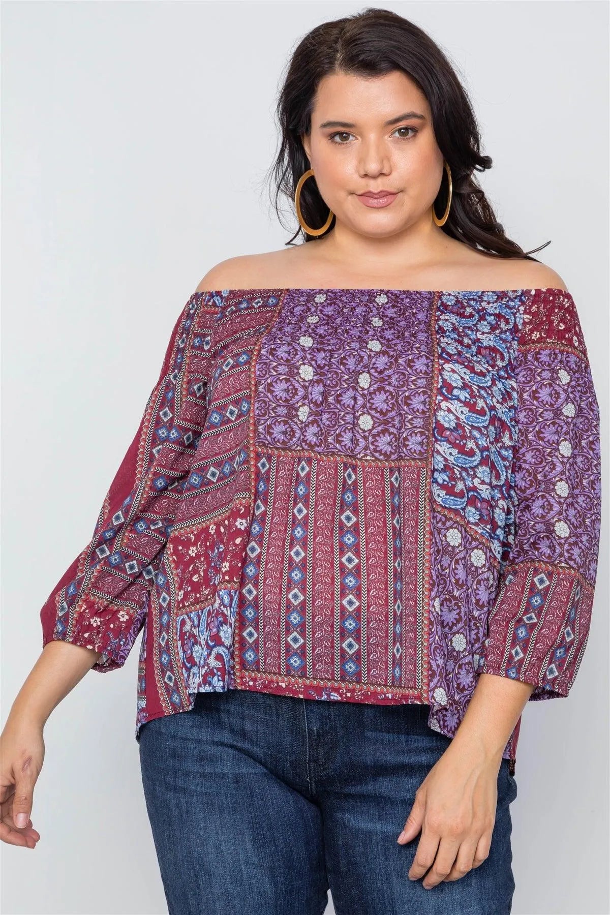 Plus Size Burgundy Off-The-Shoulder Multi Print Top /2-2-2 - Tasha Apparel Wholesale