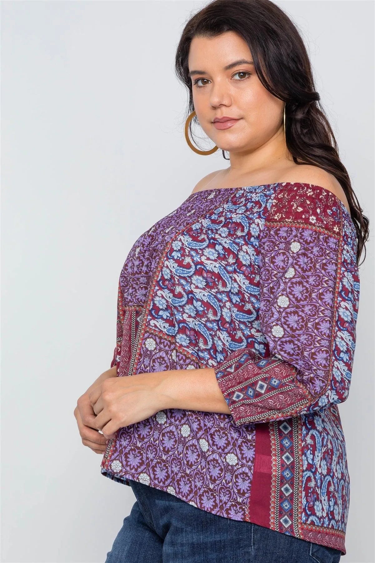 Plus Size Burgundy Off-The-Shoulder Multi Print Top /2-2-2 - Tasha Apparel Wholesale