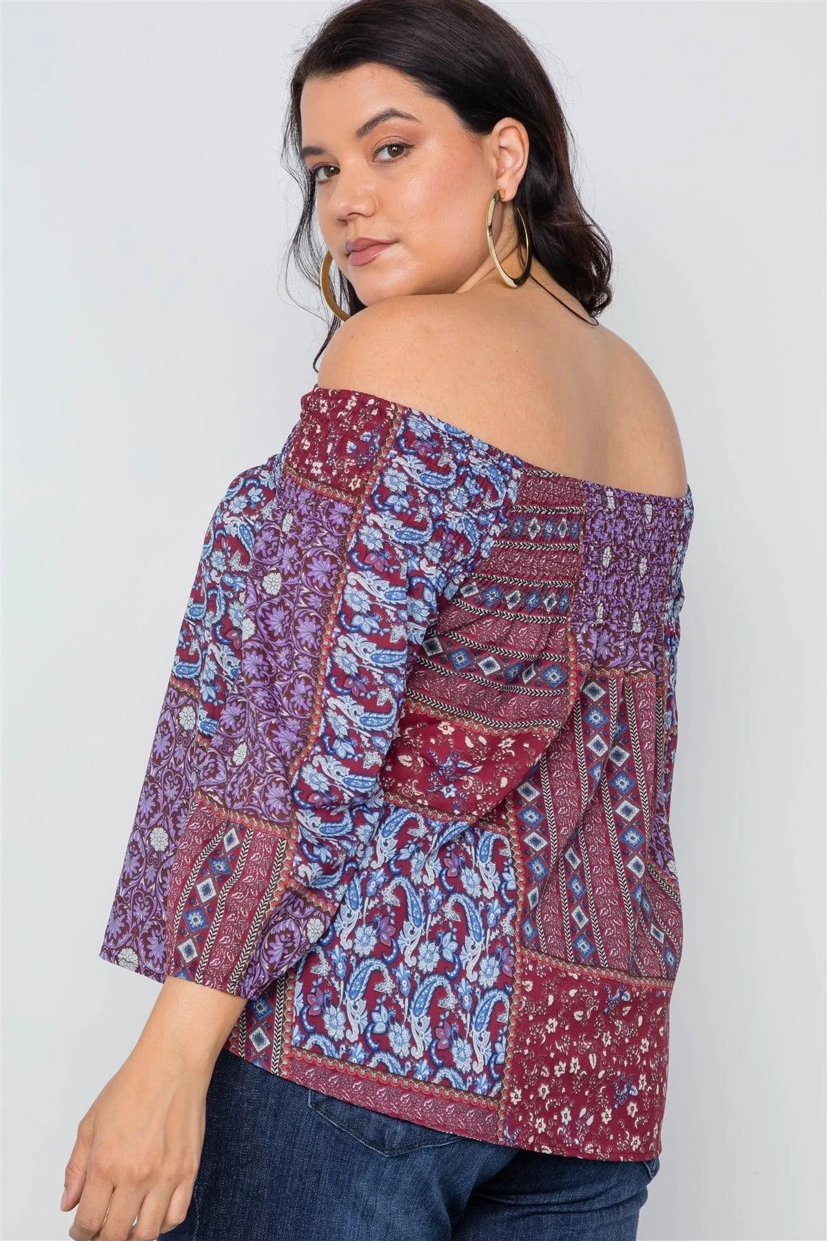 Plus Size Burgundy Off-The-Shoulder Multi Print Top /2-2-2 - Tasha Apparel Wholesale