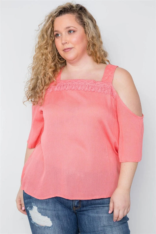 Plus Size Peach Crochet Cold Shoulder Boho Top / 2-2-2 - Tasha Apparel Wholesale