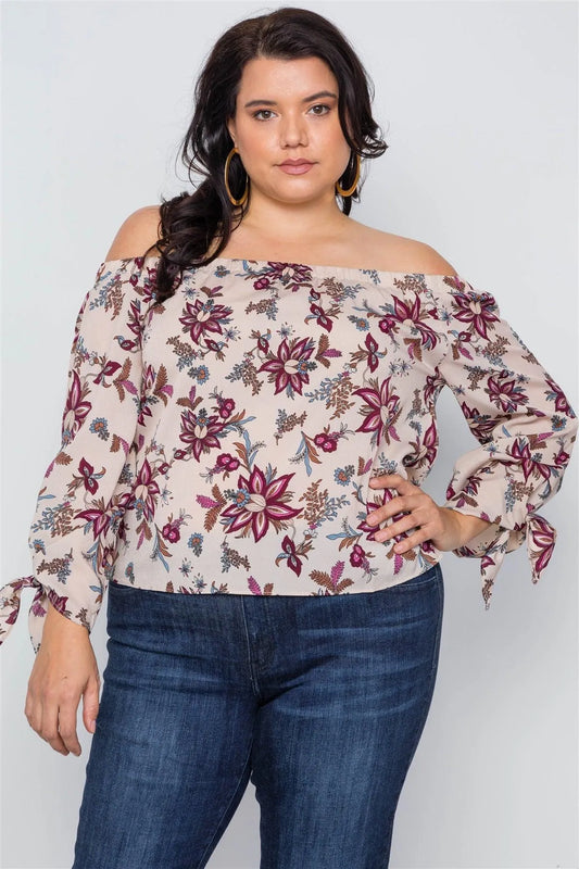 Plus Size BeigeOff-The-Shoulder Floral Print Top /2-2 - Tasha Apparel Wholesale