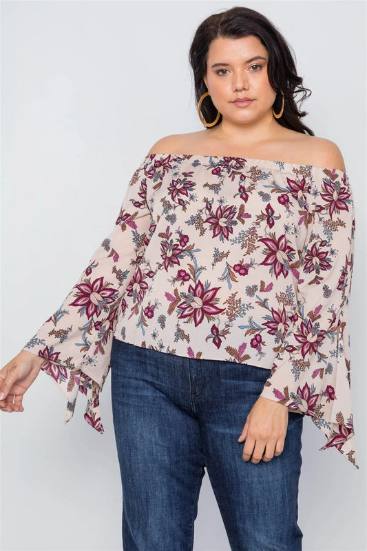 Plus Size BeigeOff-The-Shoulder Floral Print Top /2-2-2 - Tasha Apparel Wholesale