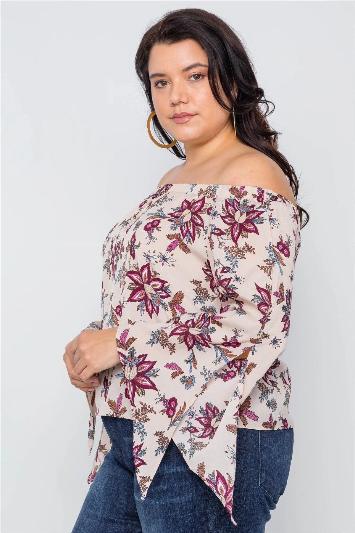 Plus Size BeigeOff-The-Shoulder Floral Print Top /2-2-2 - Tasha Apparel Wholesale