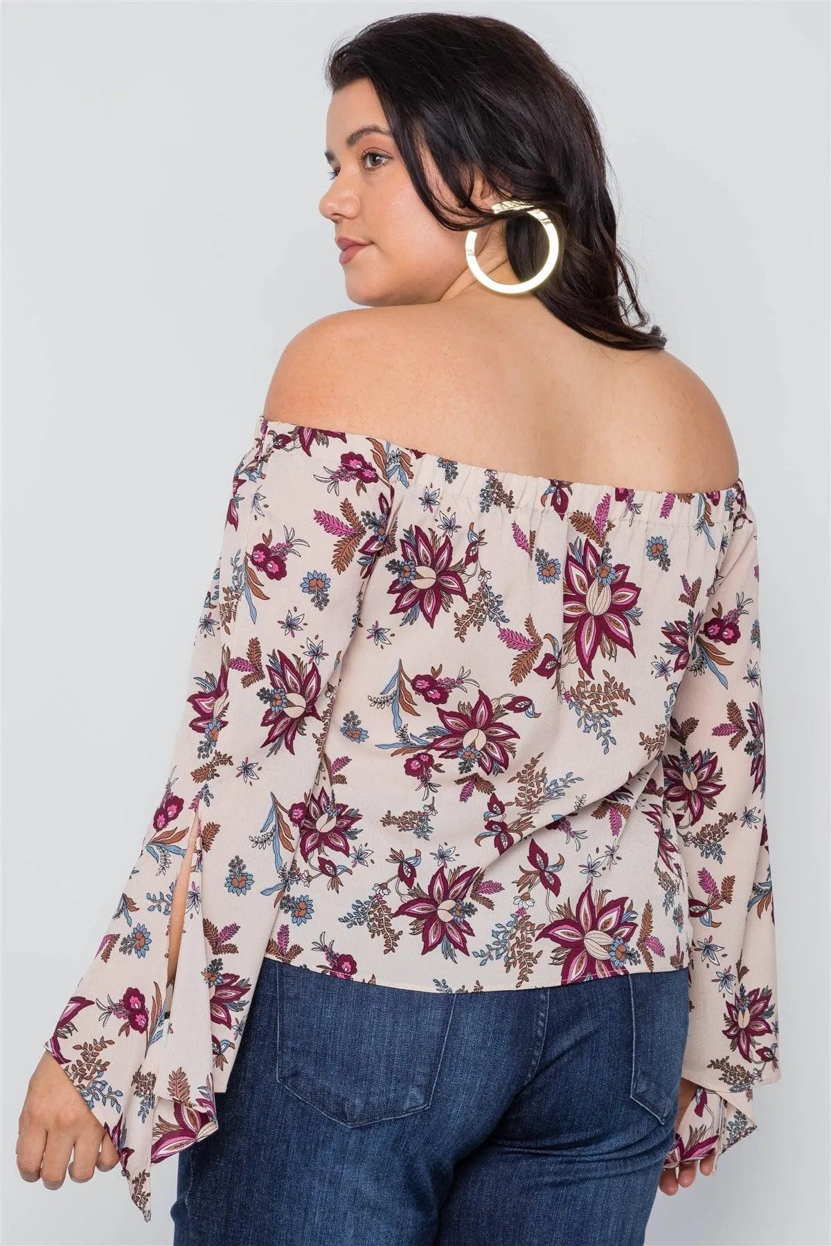 Plus Size BeigeOff-The-Shoulder Floral Print Top /2-2-2 - Tasha Apparel Wholesale