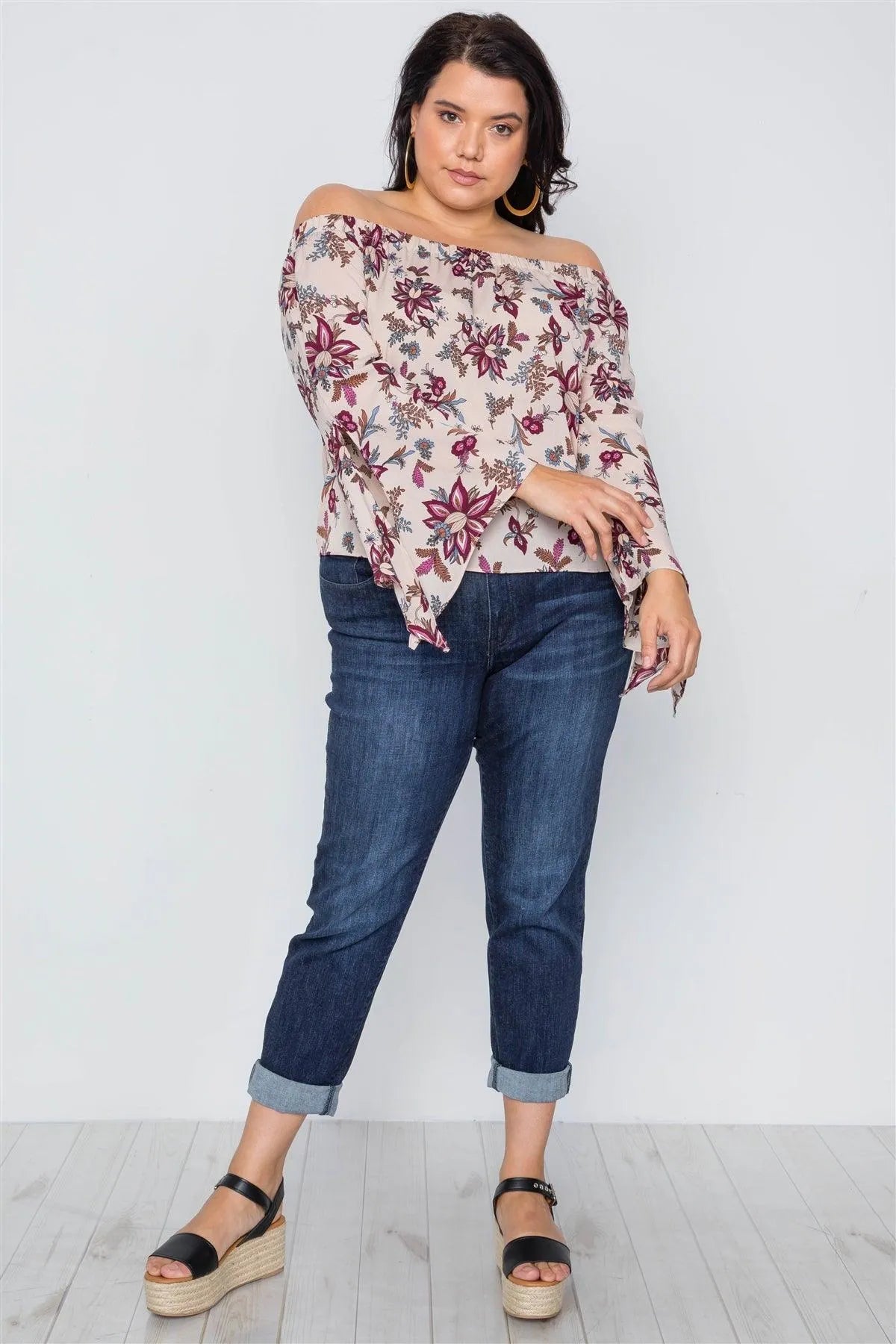 Plus Size BeigeOff-The-Shoulder Floral Print Top /2-2-2 - Tasha Apparel Wholesale