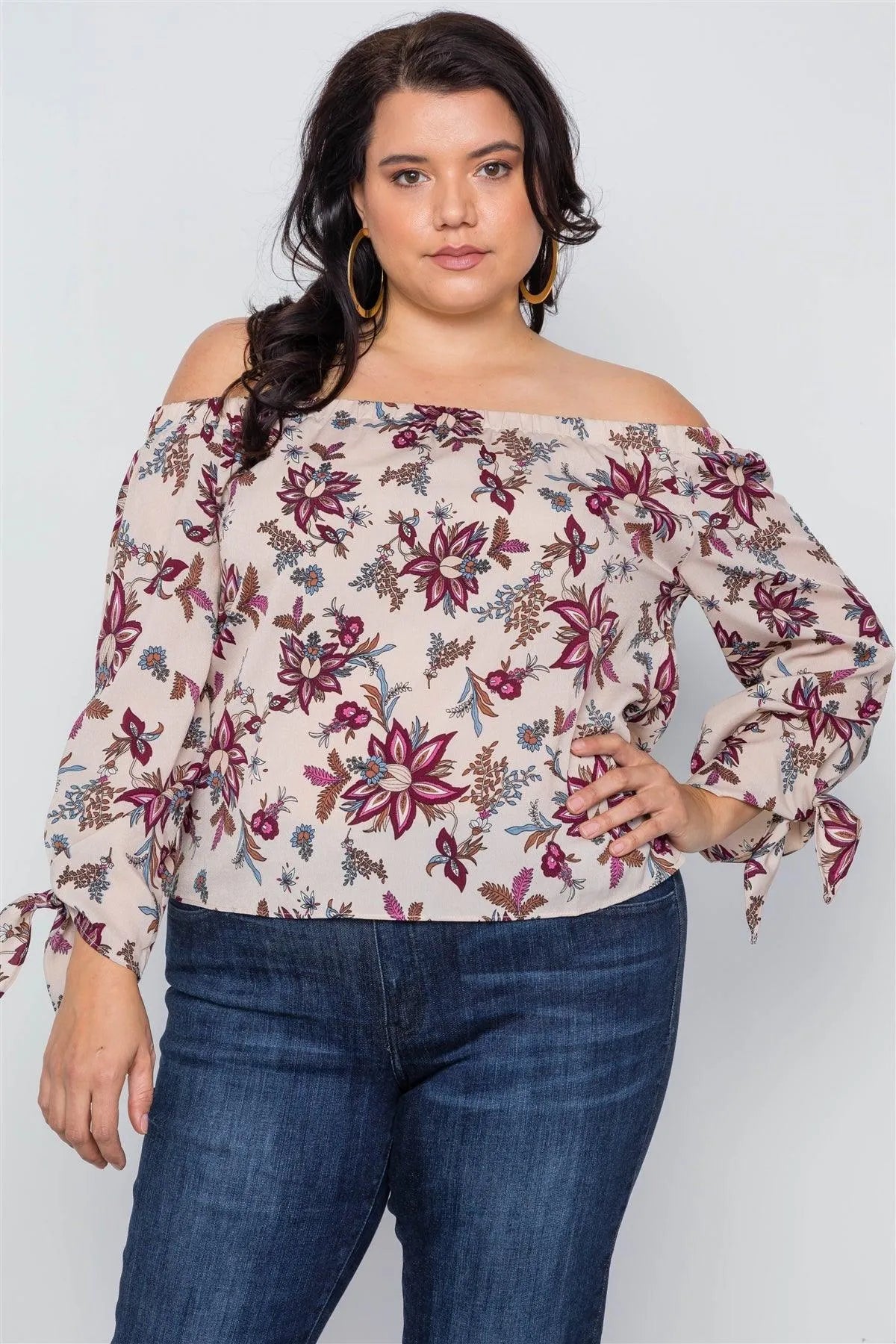 Plus Size BeigeOff-The-Shoulder Floral Print Top /2-2-2 - Tasha Apparel Wholesale