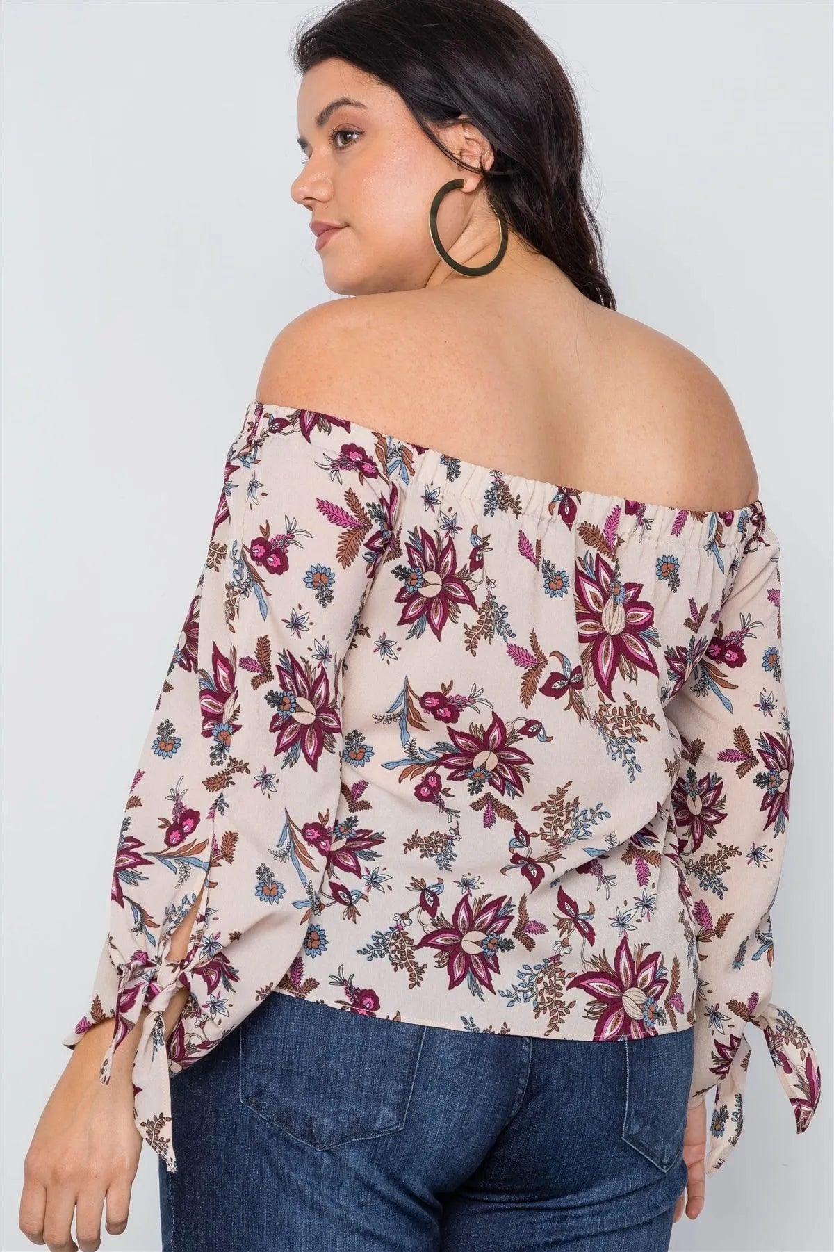 Plus Size BeigeOff-The-Shoulder Floral Print Top /2-2-2 - Tasha Apparel Wholesale