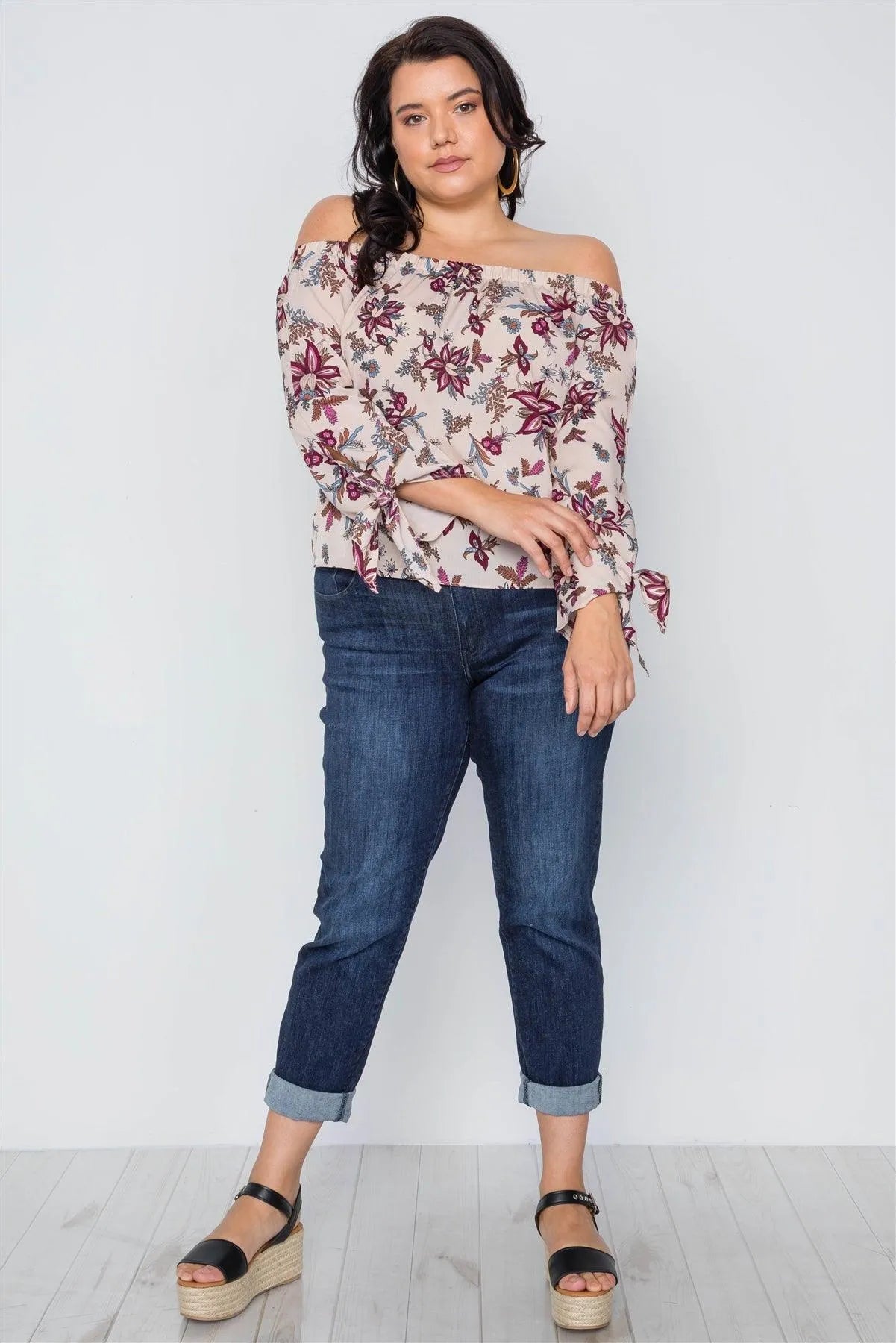 Plus Size BeigeOff-The-Shoulder Floral Print Top /2-2-2 - Tasha Apparel Wholesale