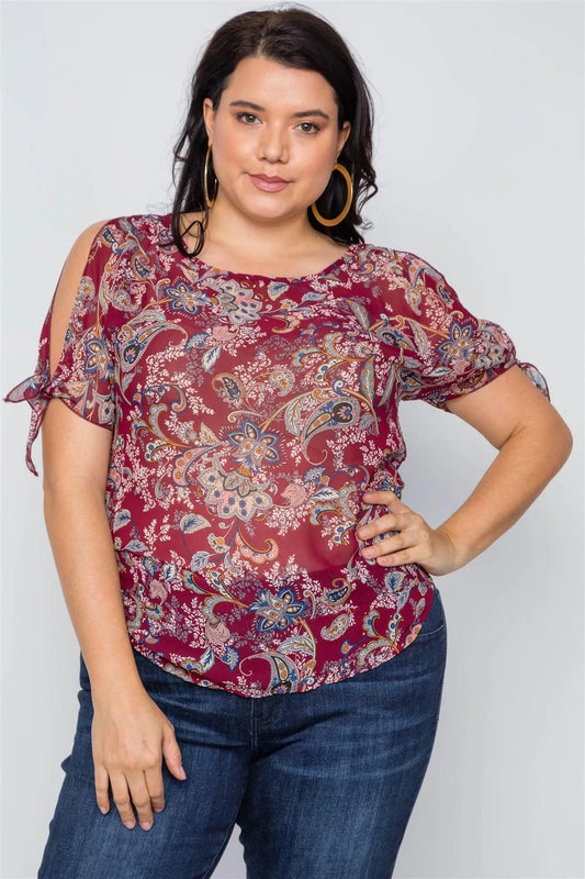 Plus Size Multi Burgundy Self Tie Sleeves Floral Chiffon Top /2-2-2 - Tasha Apparel Wholesale