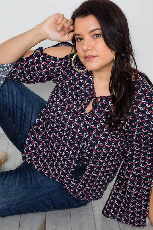 Plus Size Navy Multi Print Slit Self Tie Sleeves Top /3-2-2 - Tasha Apparel Wholesale
