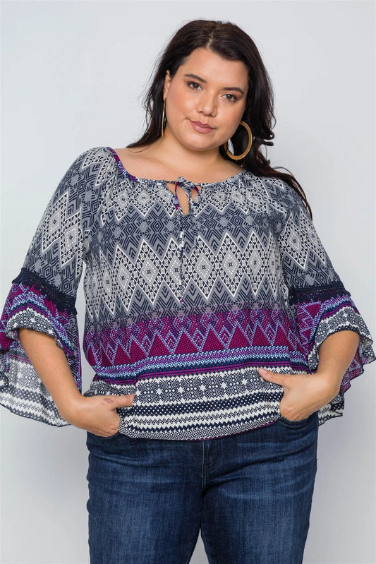 Plus Size Multi Print Bell Sleeve Boho Top /2-2-2 - Tasha Apparel Wholesale