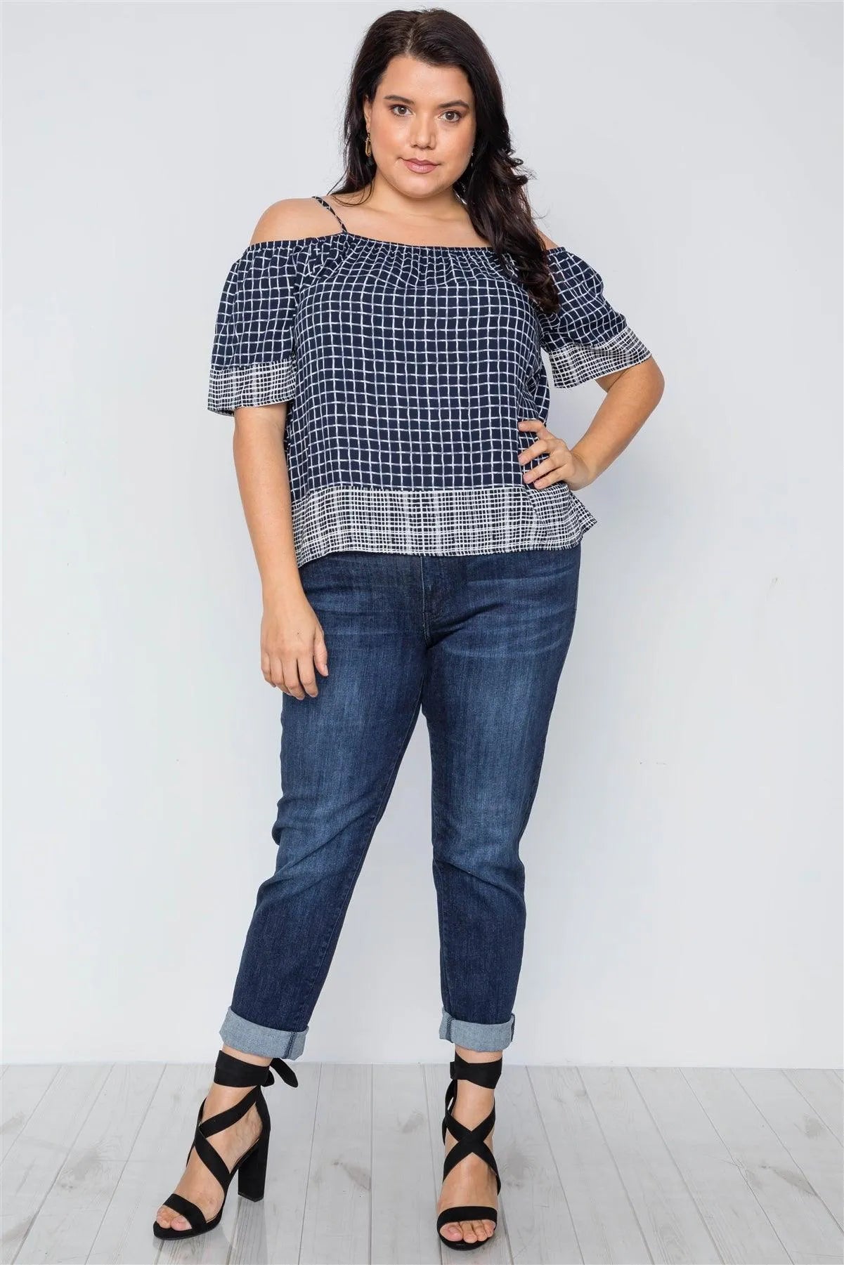Navy Check Pattern Wholesale Plus Size Navy Check Pattern Cold Shoulder Boho Top /1-1-1