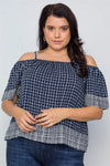 Plus Size Navy Check Pattern Cold Shoulder Boho Top /2-2-2 - Tasha Apparel Wholesale