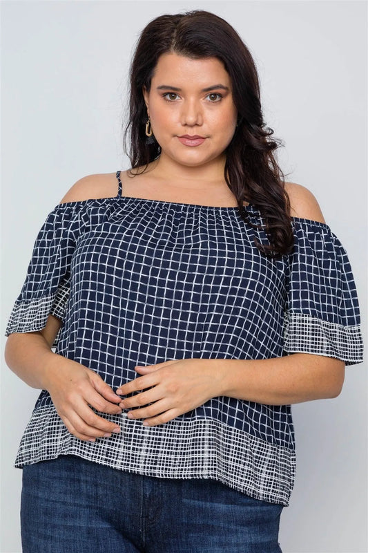 Plus Size Navy Check Pattern Cold Shoulder Boho Top /2-2-2 - Tasha Apparel Wholesale