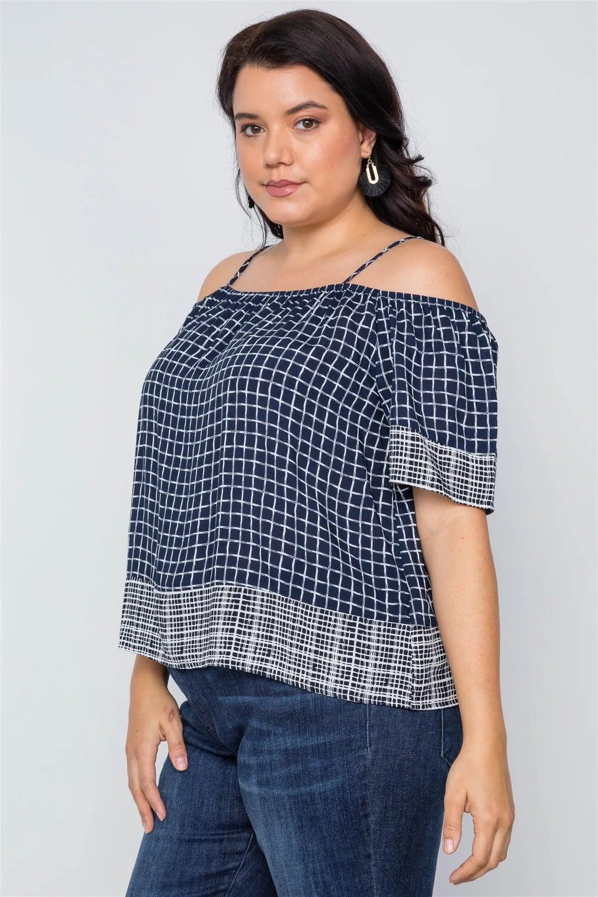Plus Size Navy Check Pattern Cold Shoulder Boho Top /2-2-2 - Tasha Apparel Wholesale