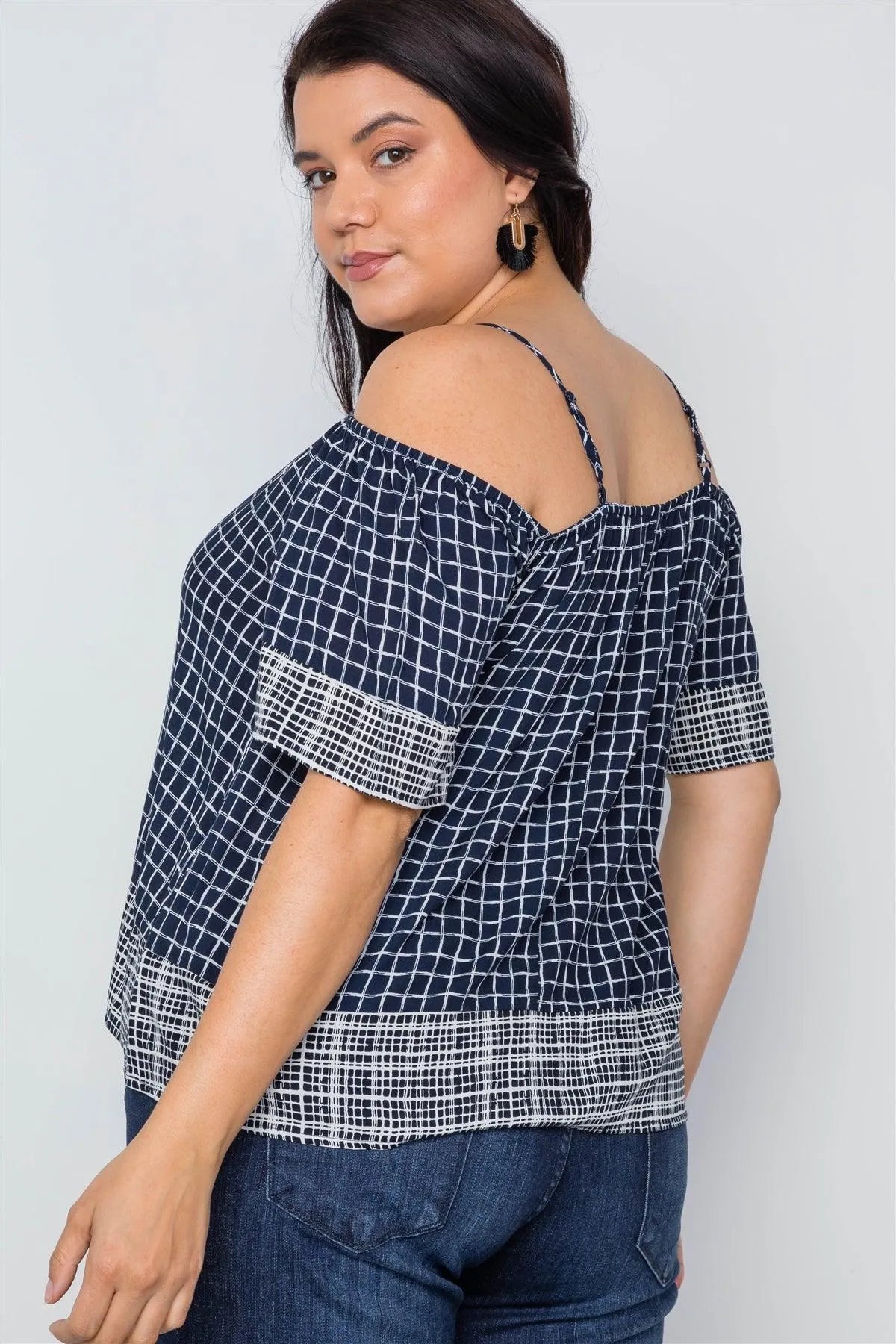 Plus Size Navy Check Pattern Cold Shoulder Boho Top /2-2-2 - Tasha Apparel Wholesale