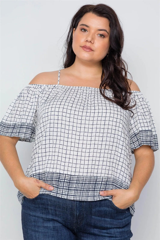 Plus Size Off White Check Pattern Cold Shoulder Boho Top /2-2-2 - Tasha Apparel Wholesale