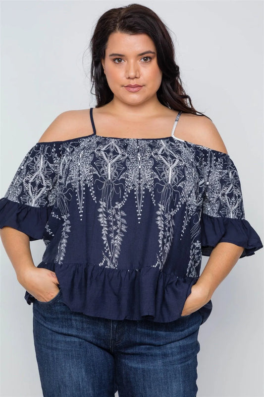 Plus Size Navy Ruffle Cold Shoulder Boho Top /2-2-2 - Tasha Apparel Wholesale