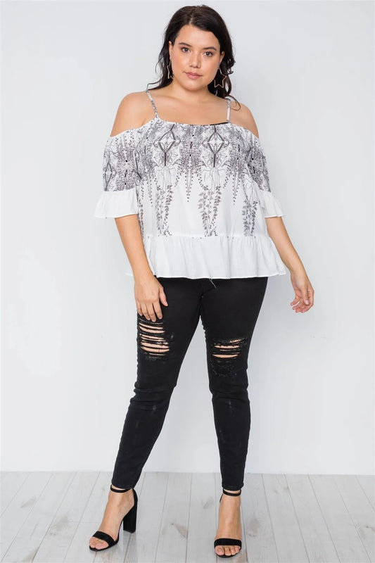 Plus Size Off White Black Ruffle Cold Shoulder Boho Top /1-2-2 - Tasha Apparel Wholesale