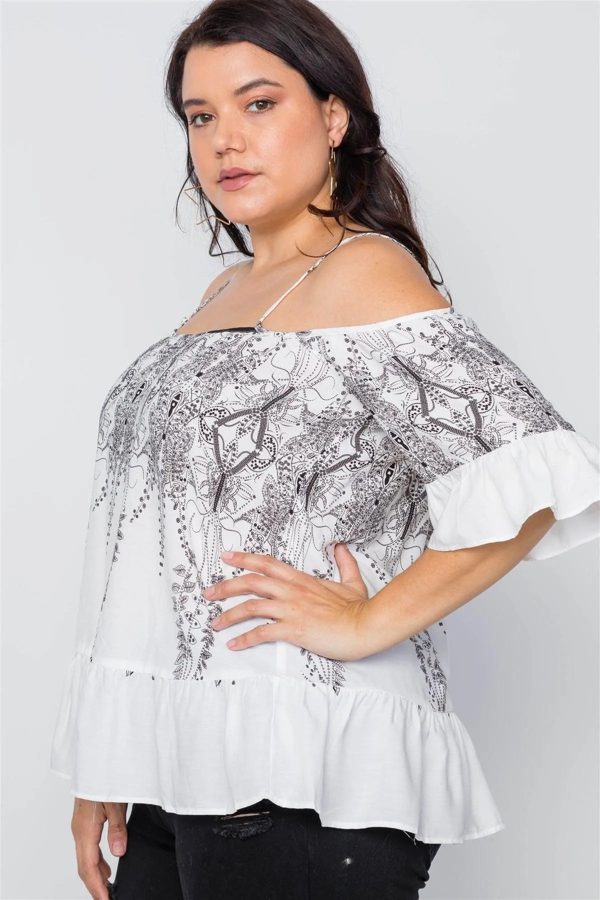 Plus Size Off White Black Ruffle Cold Shoulder Boho Top /2-2-2 - Tasha Apparel Wholesale