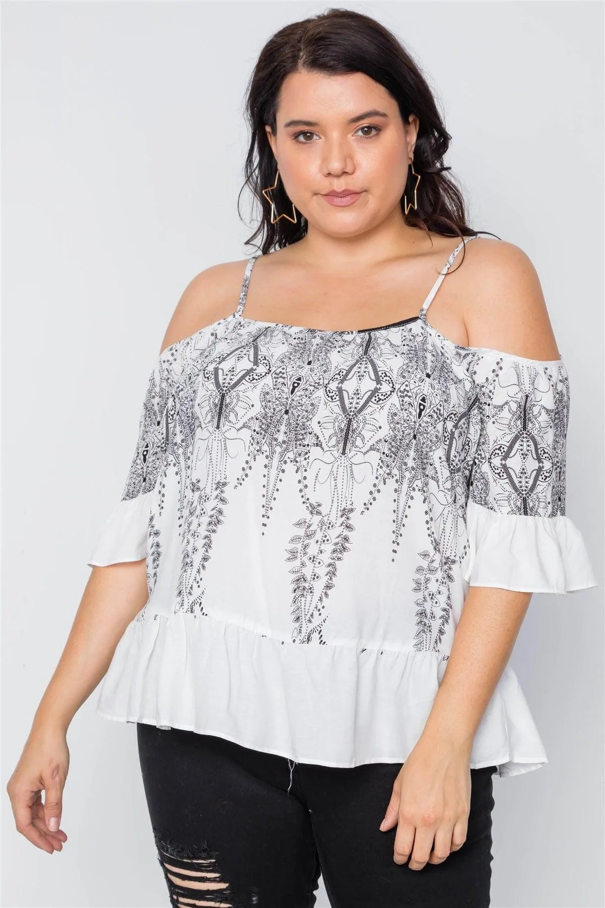 Plus Size Off White Black Ruffle Cold Shoulder Boho Top /2-2-2 - Tasha Apparel Wholesale