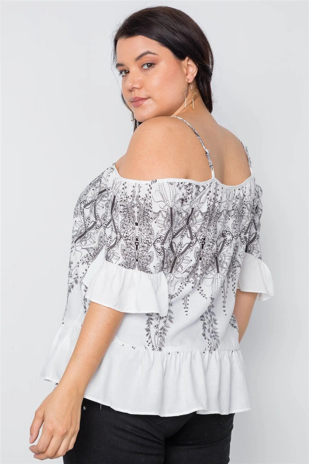 Plus Size Off White Black Ruffle Cold Shoulder Boho Top /2-2-2 - Tasha Apparel Wholesale