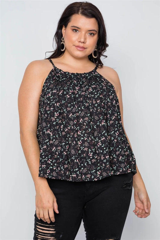Plus Size Black Floral Print Cami Boho Top /2-2-2 - Tasha Apparel Wholesale