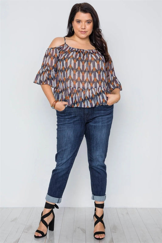Plus Size Navy Multi Print Cold Shoulder Chiffon Top /1-2-2 - Tasha Apparel Wholesale