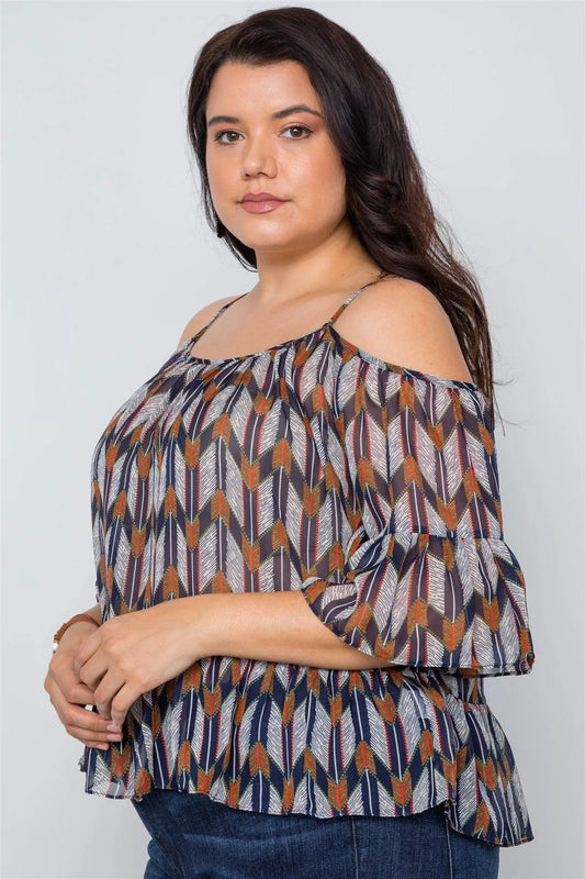 Plus Size Navy Multi Print Cold Shoulder Chiffon Top /2-2-2 - Tasha Apparel Wholesale