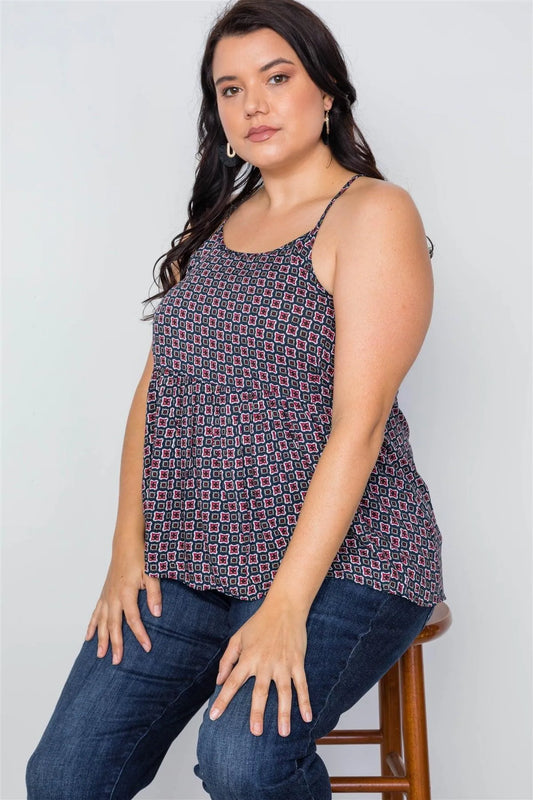 Plus Size Multi Navy Paisley Print Cami Boho Top /2-2-2 - Tasha Apparel Wholesale