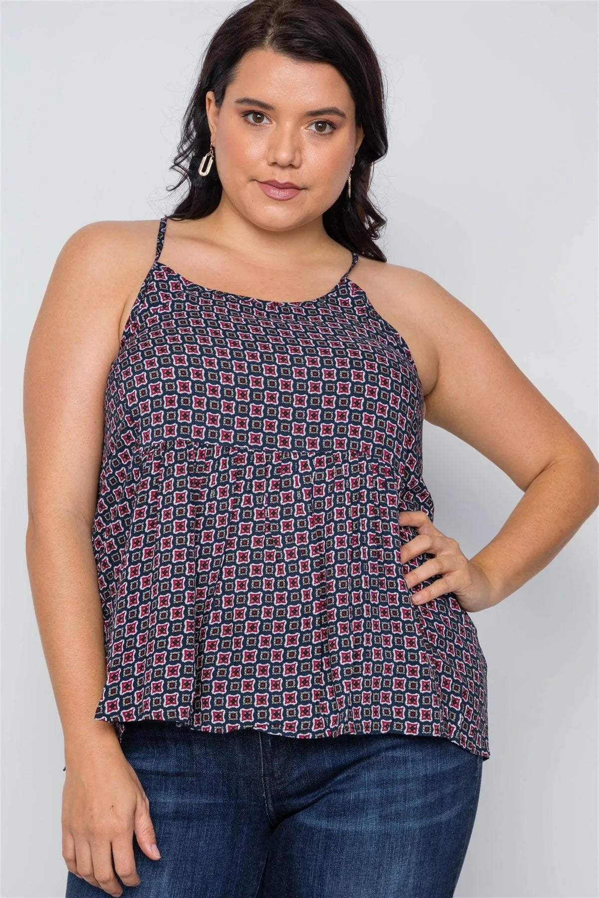 Plus Size Multi Navy Paisley Print Cami Boho Top /2-2-3 - Tasha Apparel Wholesale