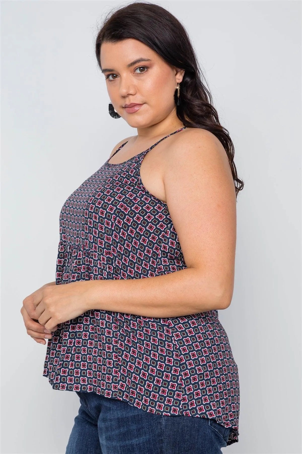 Plus Size Multi Navy Paisley Print Cami Boho Top /2-2-3 - Tasha Apparel Wholesale