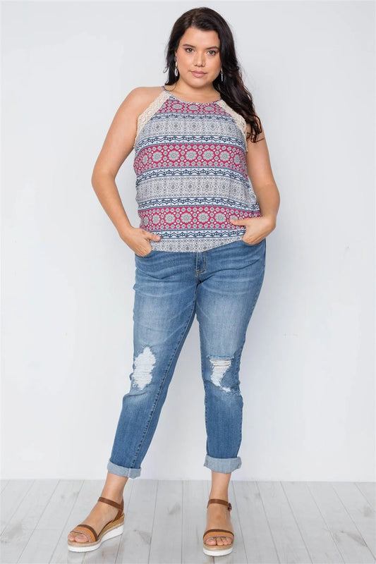 Plus Size Grey Paisley Print Crochet Trim Cami Boho Top /1-2 - Tasha Apparel Wholesale