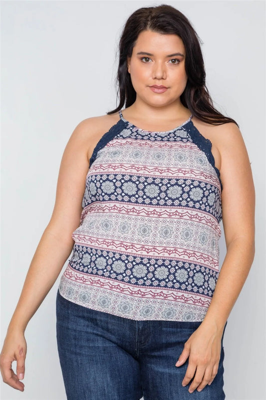 Plus Size Navy Paisley Print Crochet Trim Cami Boho Top / 2-2-2 - Tasha Apparel Wholesale