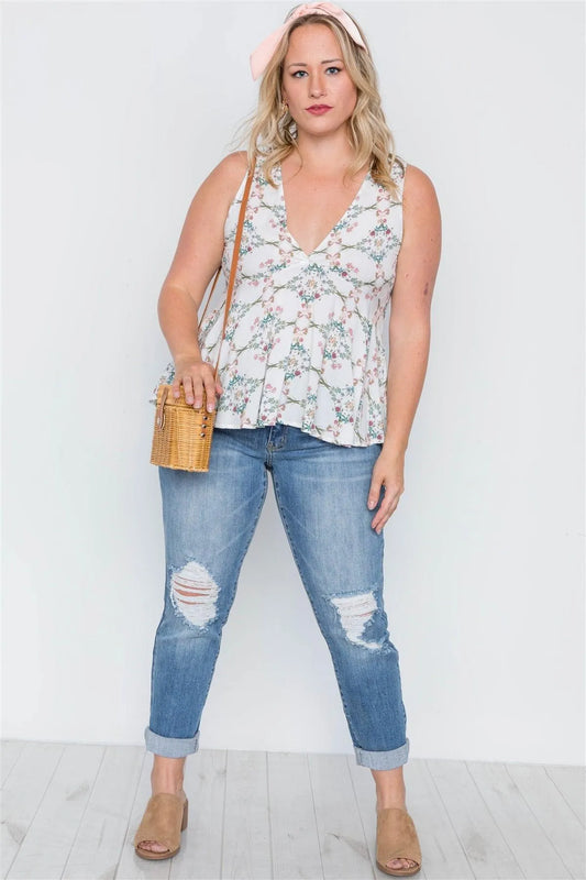 Plus Size Off White Floral Print Lace Up Top /2-2-1 - Tasha Apparel Wholesale
