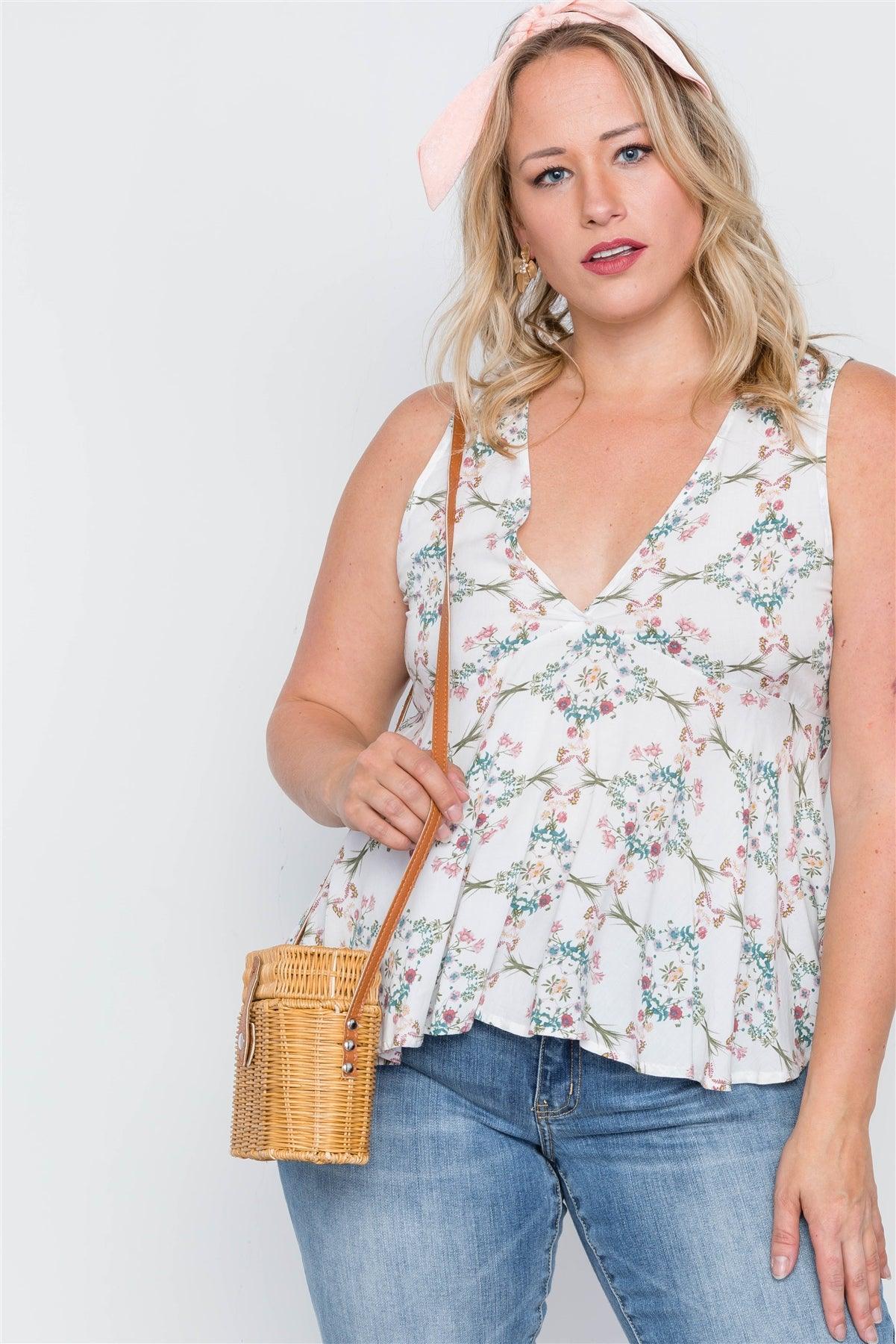Plus Size Off White Floral Print Lace Up Top /2-2-2