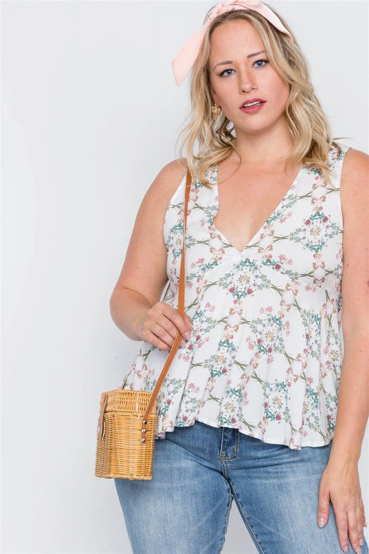 Plus Size Off White Floral Print Lace Up Top /2-2-2 - Tasha Apparel Wholesale