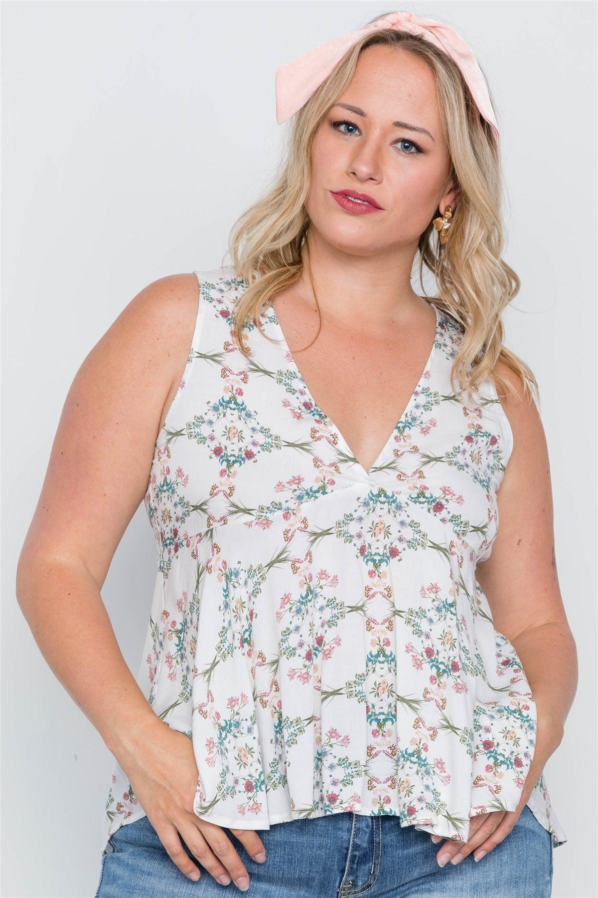 Plus Size Off White Floral Print Lace Up Top /2-2-2