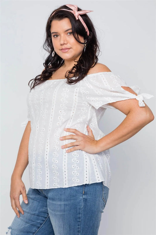 Plus Size Off White Off-The-Shoulder Embroidery Boho Top /1-2-1 - Tasha Apparel Wholesale
